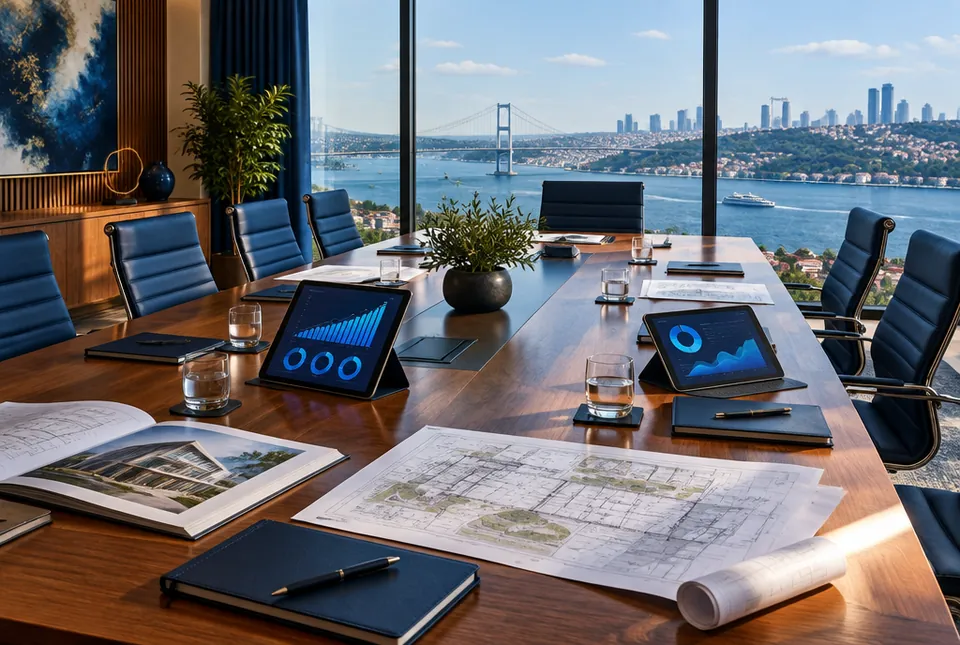 Şehir manzaralı salonda belgeler ve tabletlerle hazırlanmış toplantı masası